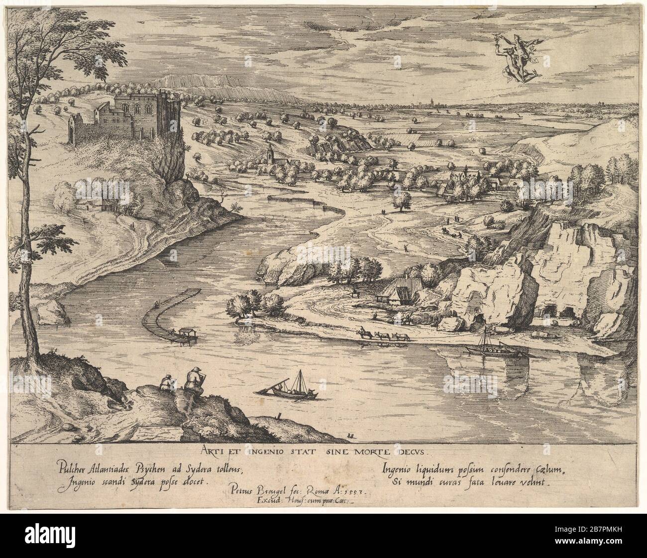 Flusslandschaft mit Merkur verschleppende Psyche, ca. 1595. Nach Pieter Bruegel dem älteren Stockfoto