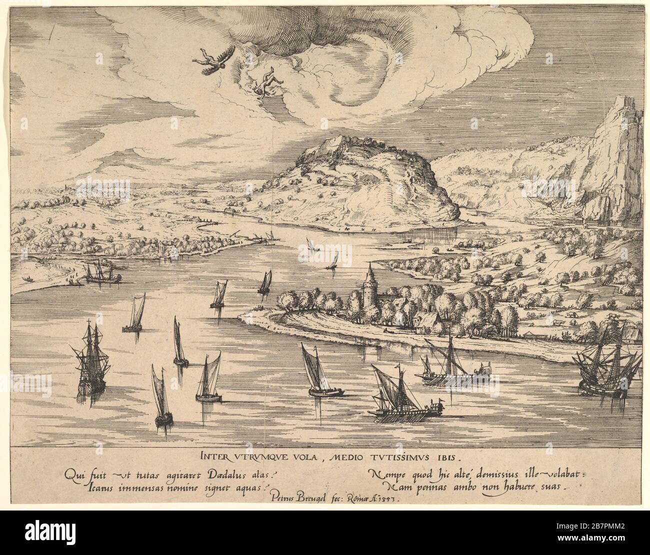 Flusslandschaft mit Daedalus und Icarus, ca. 1595. Nach Pieter Bruegel dem älteren Stockfoto