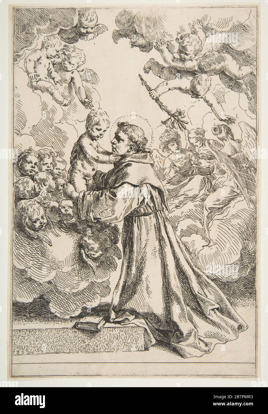 Der heilige Anthony von Padua, der das Christuskind in Herrlichkeit anführt, ist etwa. 1640. Stockfoto