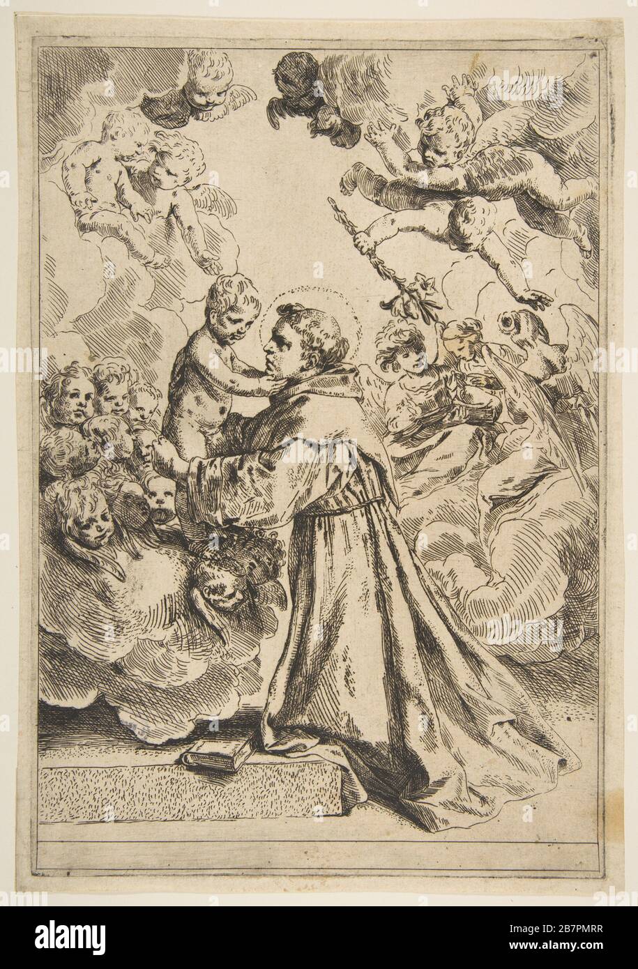 Der heilige Anthony von Padua, der das Christuskind in Herrlichkeit anführt, kopiert nach Cantarini, Ca. 1640 oder später. Stockfoto