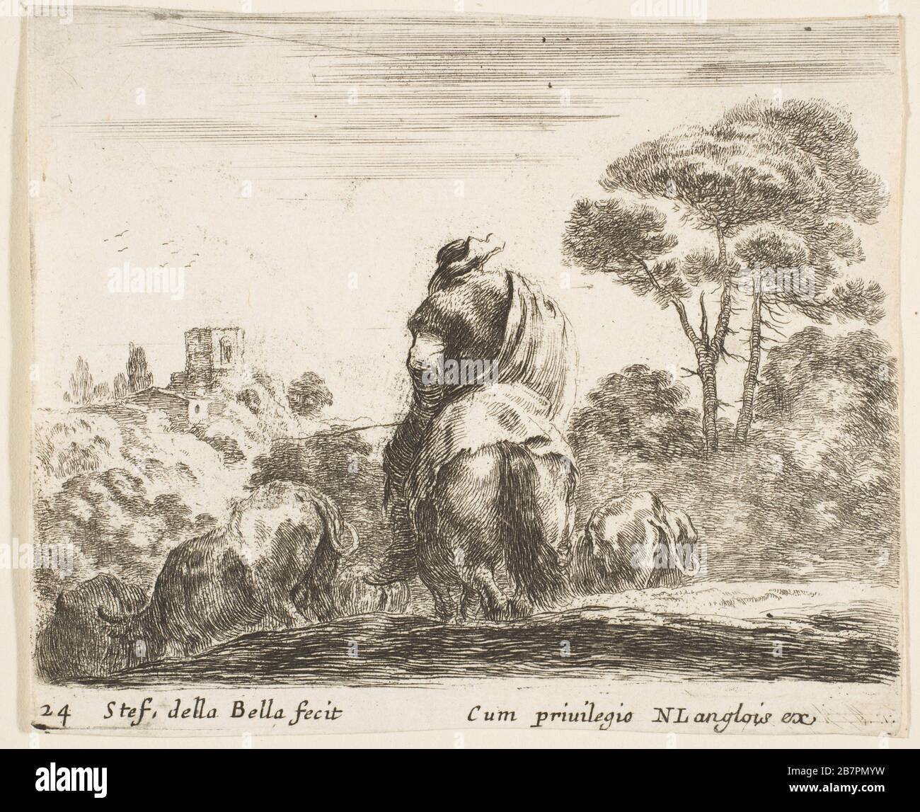 Platte 24: Herdmann auf einem Pferd, von hinten gesehen, führt sein Rind einen Hügel hinunter, einen Turm auf einem Hügel nach links im Hintergrund, von 'Diversi capricci', ca. 1644-47. Stockfoto