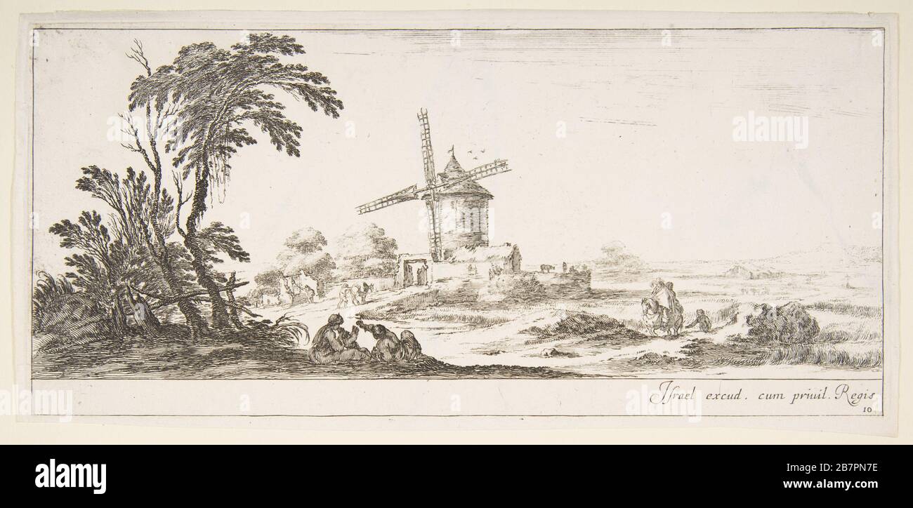 Platte 10: Eine Familie im Vordergrund, verschiedene Figuren und Pferde im Mittelgrund, eine Windmühle im Hintergrund, aus "verschiedenen Landschaften" (Divers Paysages), ca. 1641. Stockfoto