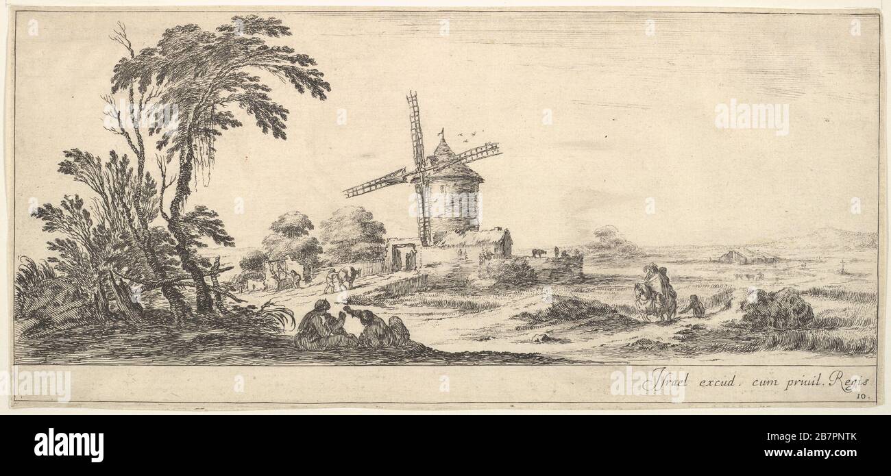 Platte 10: Eine Familie im Vordergrund, verschiedene Figuren und Pferde im Mittelgrund, eine Windmühle im Hintergrund, aus "verschiedenen Landschaften" (Divers Paysages), ca. 1641. Stockfoto