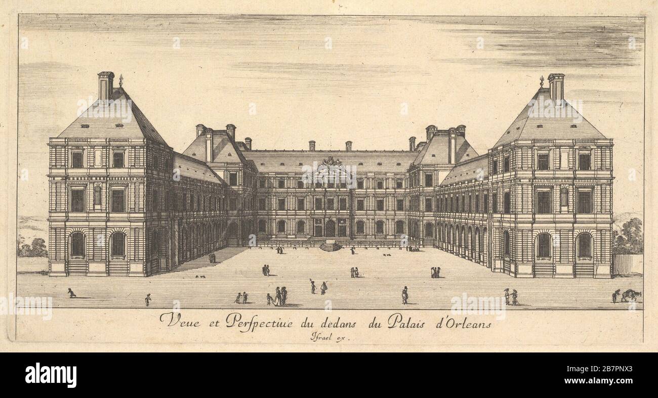 Blick und Perspektive auf das Innere des Palais d'Orleans, aus "verschiedenen Ansichten bemerkenswerter Orte in Italien und Frankreich" (Diverse vues d'endroits remarquables d'Italie et de France), 1649-51. Stockfoto