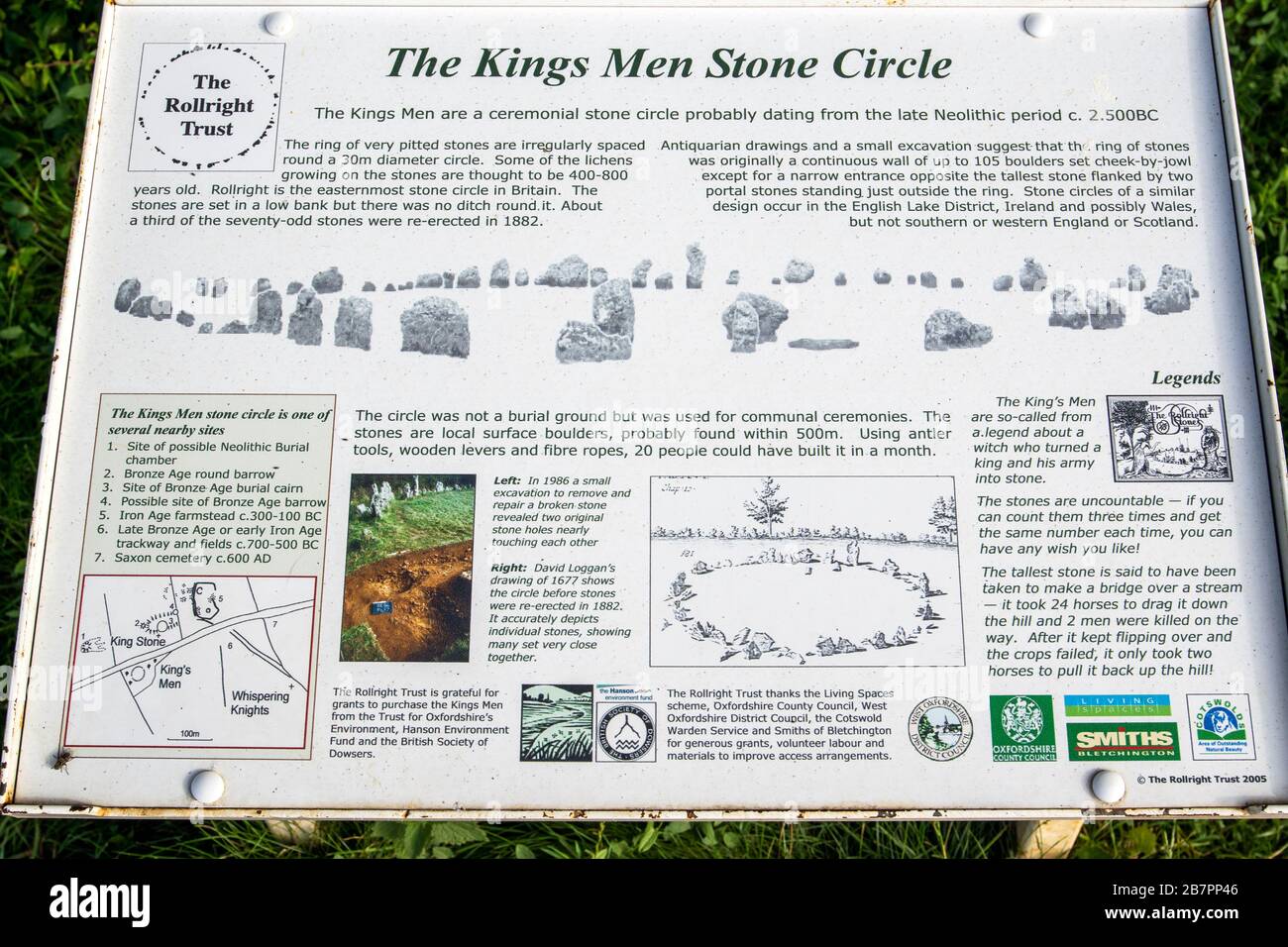 Schild des Kings Men Stone Circle bei den Rollright Stones in den Cotswolds, England, Großbritannien Stockfoto