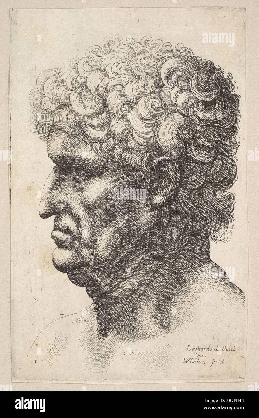 Kopf eines Mannes mit dicken, lockigen Haaren im Profil links, 1640-49. Stockfoto