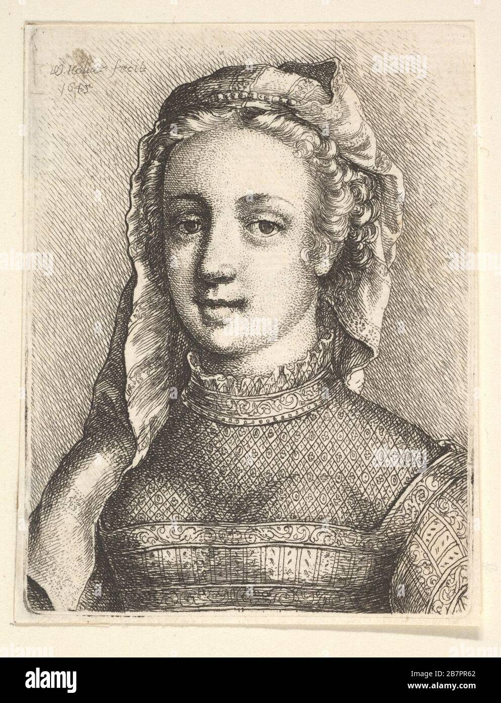 Kopf und Schultern einer Frau mit Schleier und diaphanösem Halsgeschirr, 1645. Stockfoto
