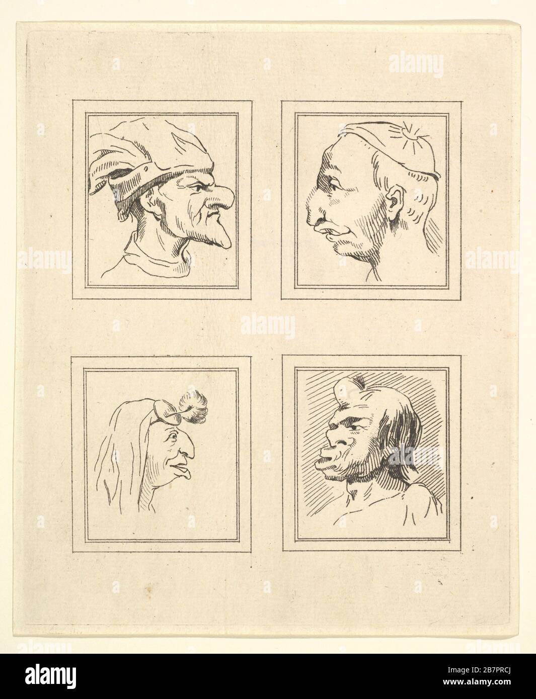 Vier Köpfe (von Characaturas von Leonardo da Vinci, von Zeichnungen von Wincelslaus Hollar, aus dem Portland Museum), um das Jahr 801. Stockfoto