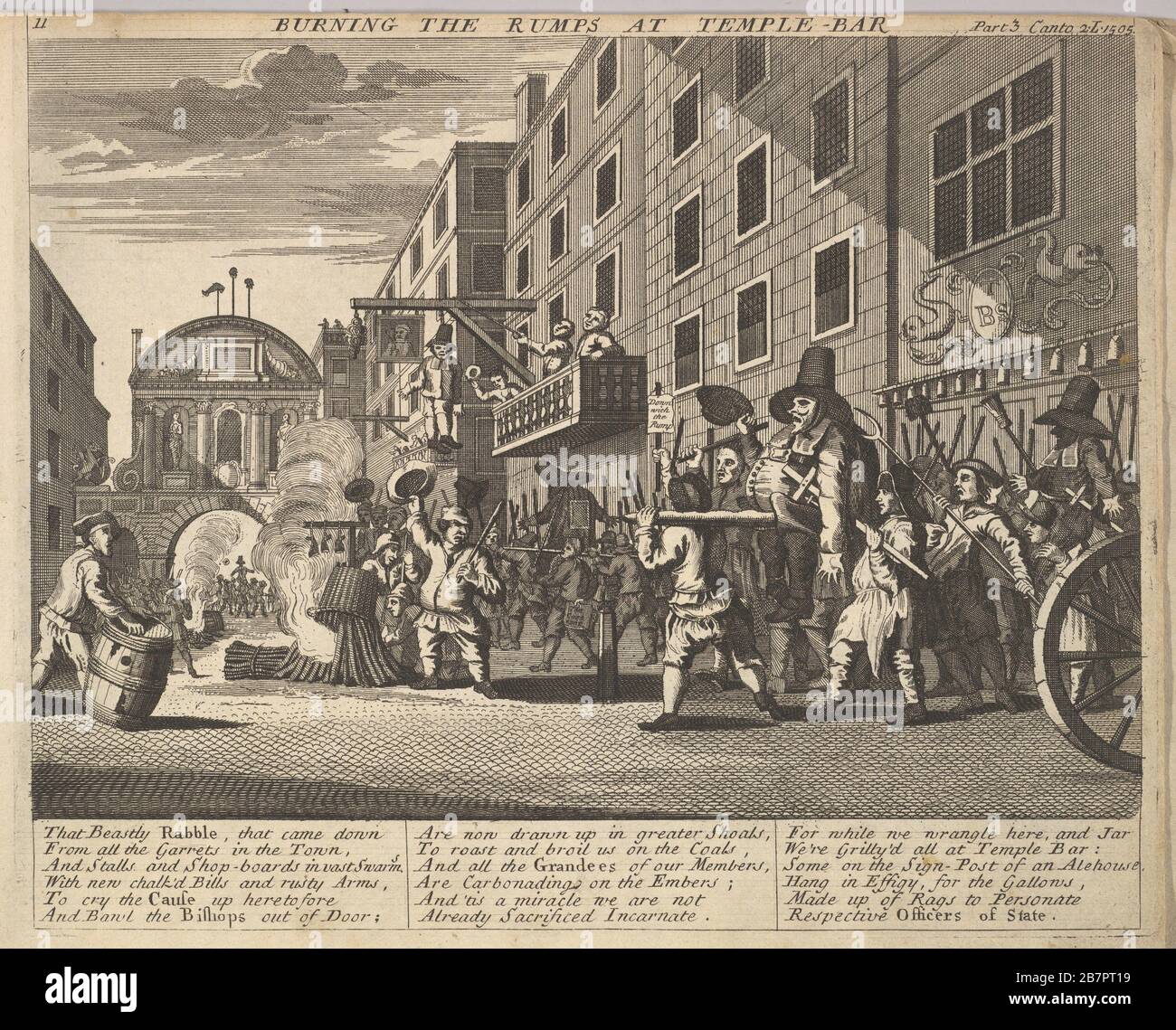 Brennt die Rumps in Temple Bar (Platte 11: Illustrationen zu Samuel Butlers Hudibras), 1725-30 (?). Stockfoto
