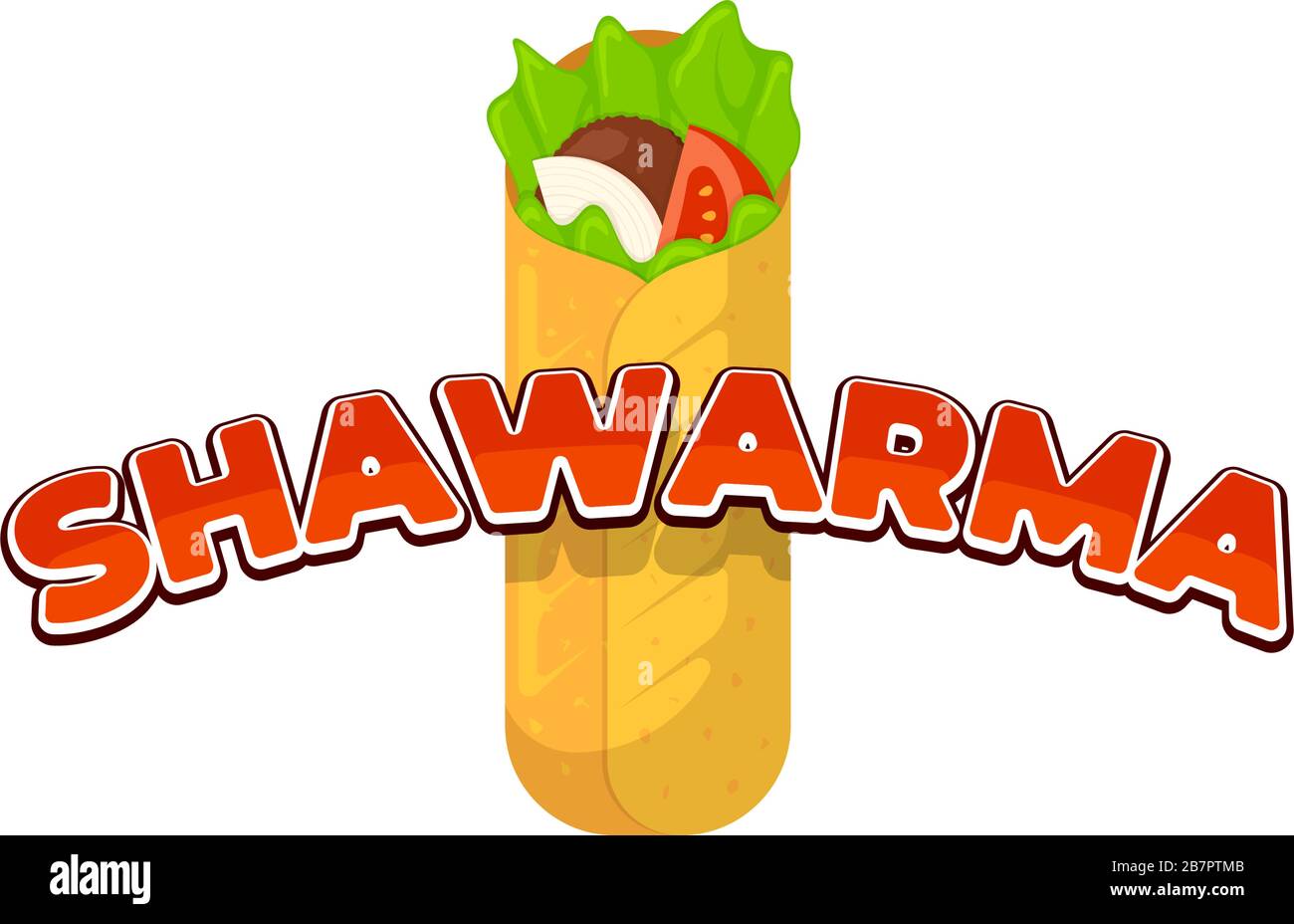 Shawarma Fast Food Fleischrolle mit Inschrift Restaurant Menü Werbung Zeichen Design Vorlage. Arabisch-östlicher Kebab-Döner-Kebab-Mahl. Shaurma oder burrito Business Emblem flache Vektor-Illustration Stock Vektor