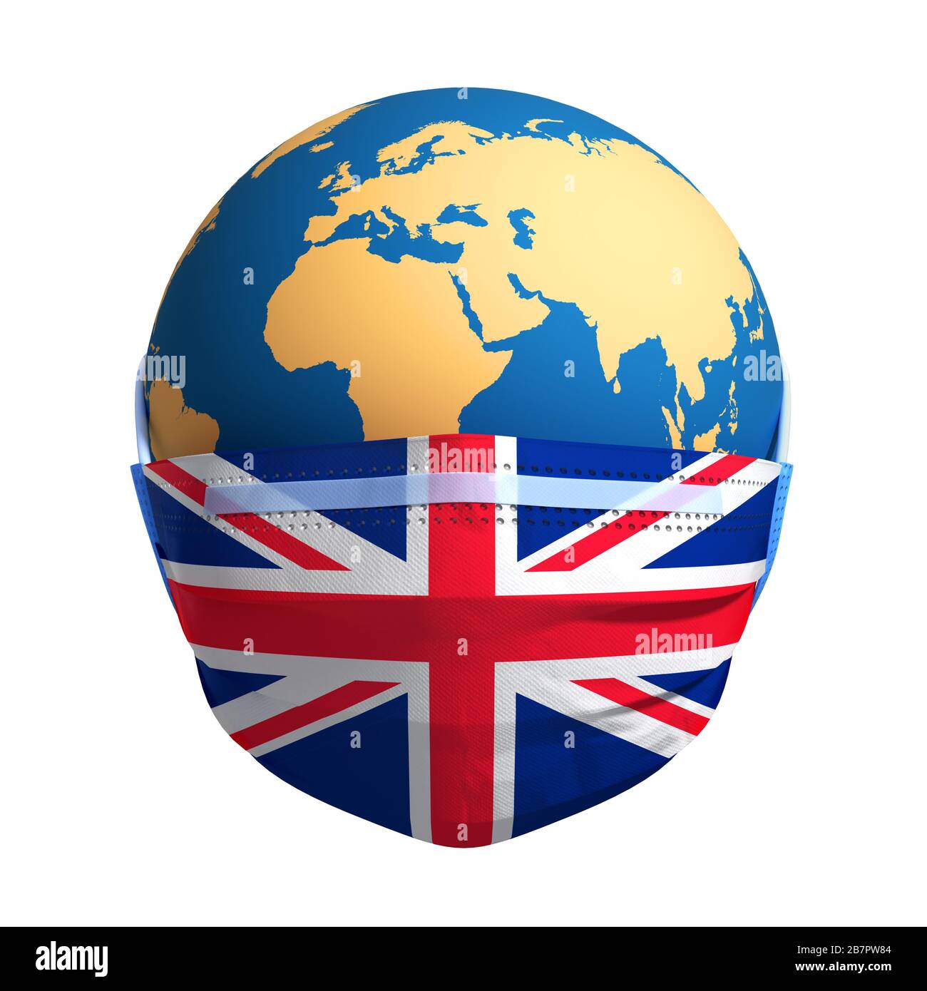 Planet Erde In Medizinischer Maske Und Flagge Großbritanniens Stockfoto