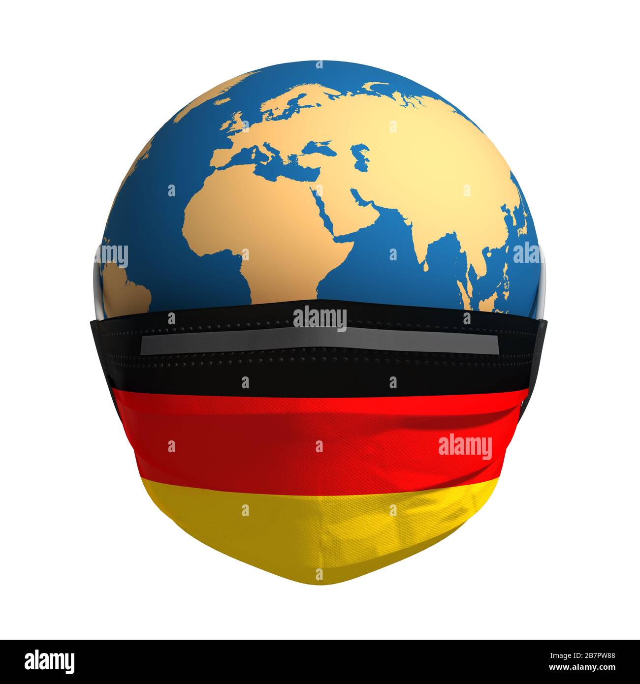 Planet Erde In Medizinischer Maske Und Flagge Deutschlands Auf Weißem Hintergrund Stockfoto