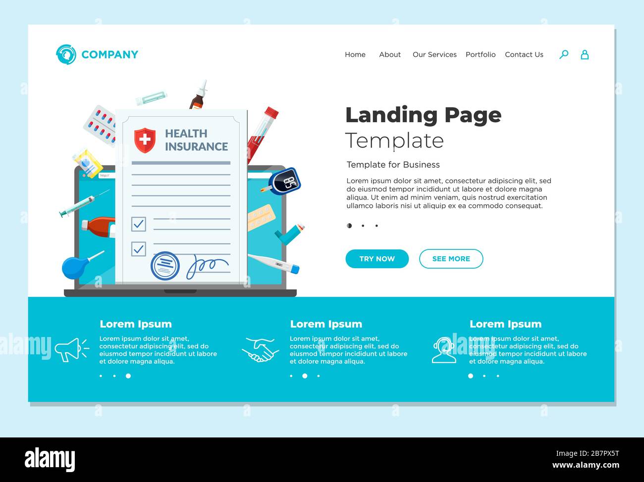 Krankenversicherungspolice Formular mit medizinischen Versorgungsmaterialien Medikamente Pillen Tabletten auf Laptop-Bildschirm. Online-Gesundheitswesen und Apotheke Medikamente Landing Page Design Vorlage Vektor Illustration Stock Vektor