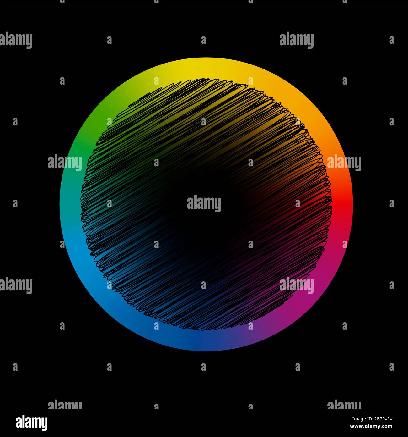 Farbring für Farbverlauf. Rainbow Coloured Circle mit schwarzem Scribble - Abbildung auf schwarzem Hintergrund. Stockfoto