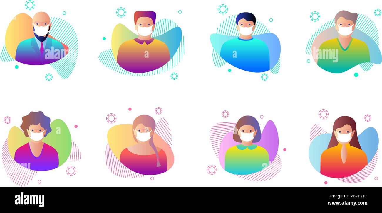Männliche Frau in weißen medizinischen Schutz Gesichtsmasken Schutz luftgetragene Virusinfektion Gradient Avatar gesetzt. Pandemiestopp neuartige Coronavirus Ausbruch Quarantäne Konzept Vektor isolierte Illustration Stock Vektor