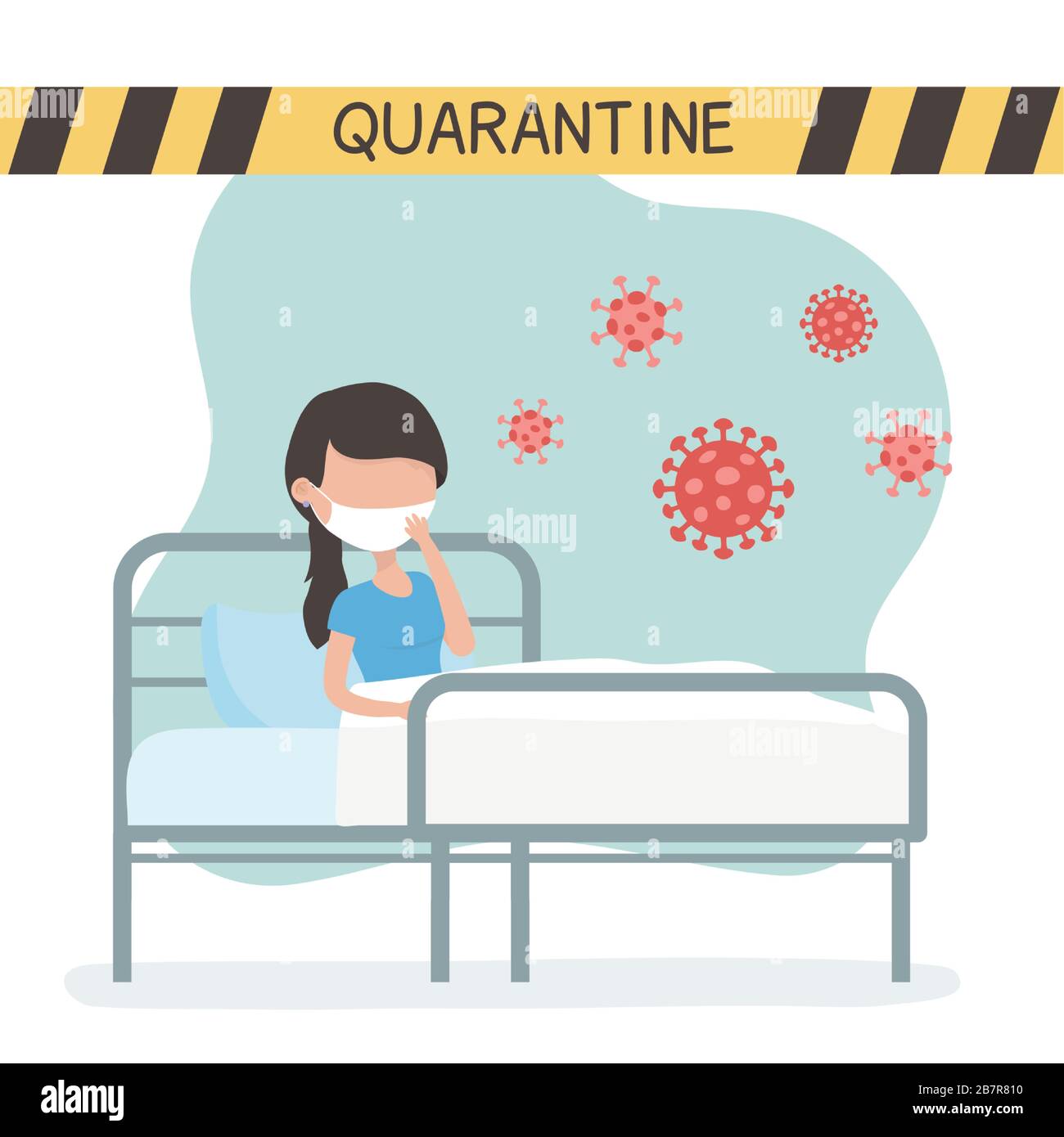 Viruskovid 19 Quarantäne, kranke Frau in der Bettklinik Coronavirus Warnband Vektor-Illustration Stock Vektor