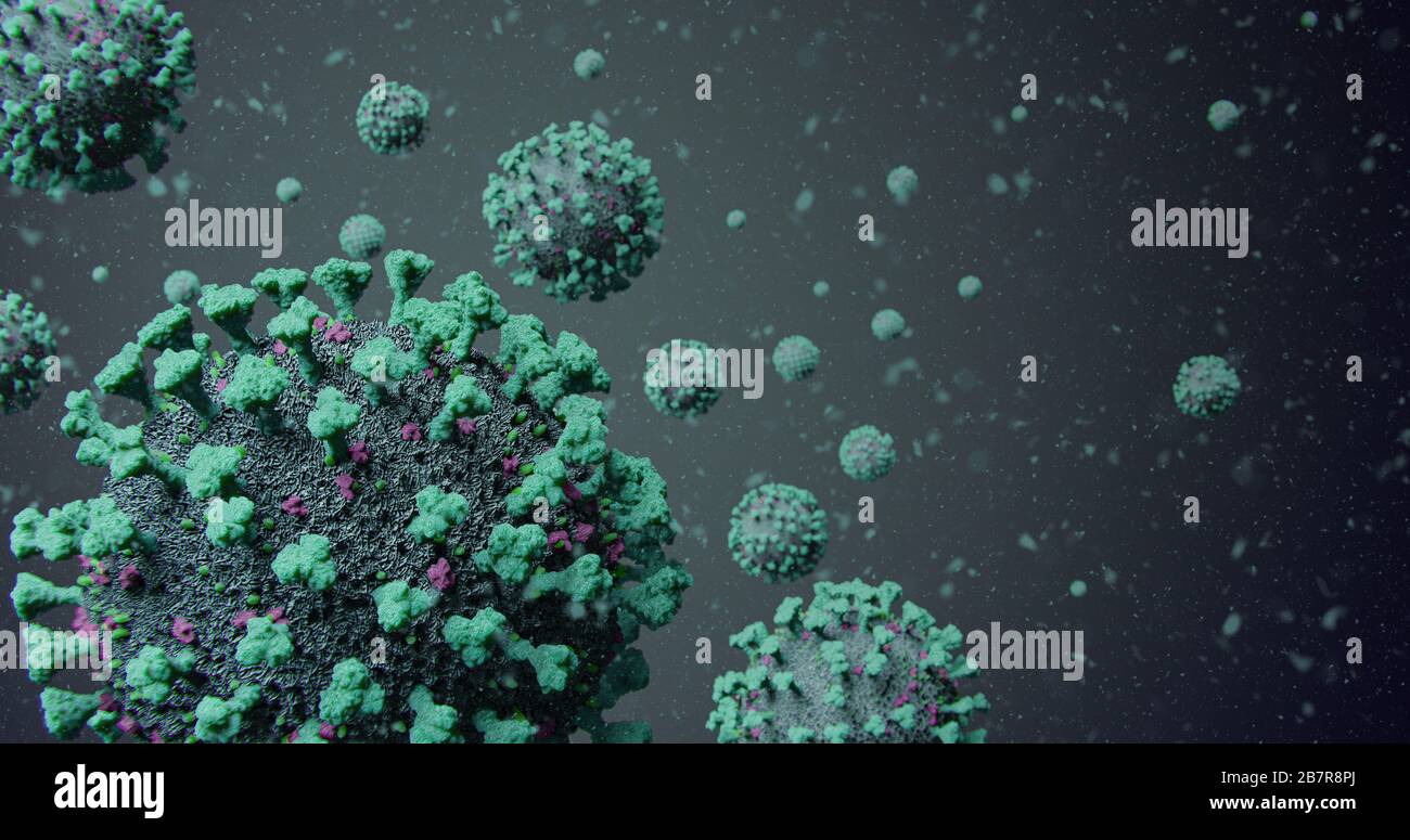 Ansteckender blauer Cluster aus COVID-19 Corona Influenza-Virus-Molekülen, die in Partikeln schweben - mikroskopischer Abstract - nCOV Coronavirus Pandemie-Ausbruch Stockfoto