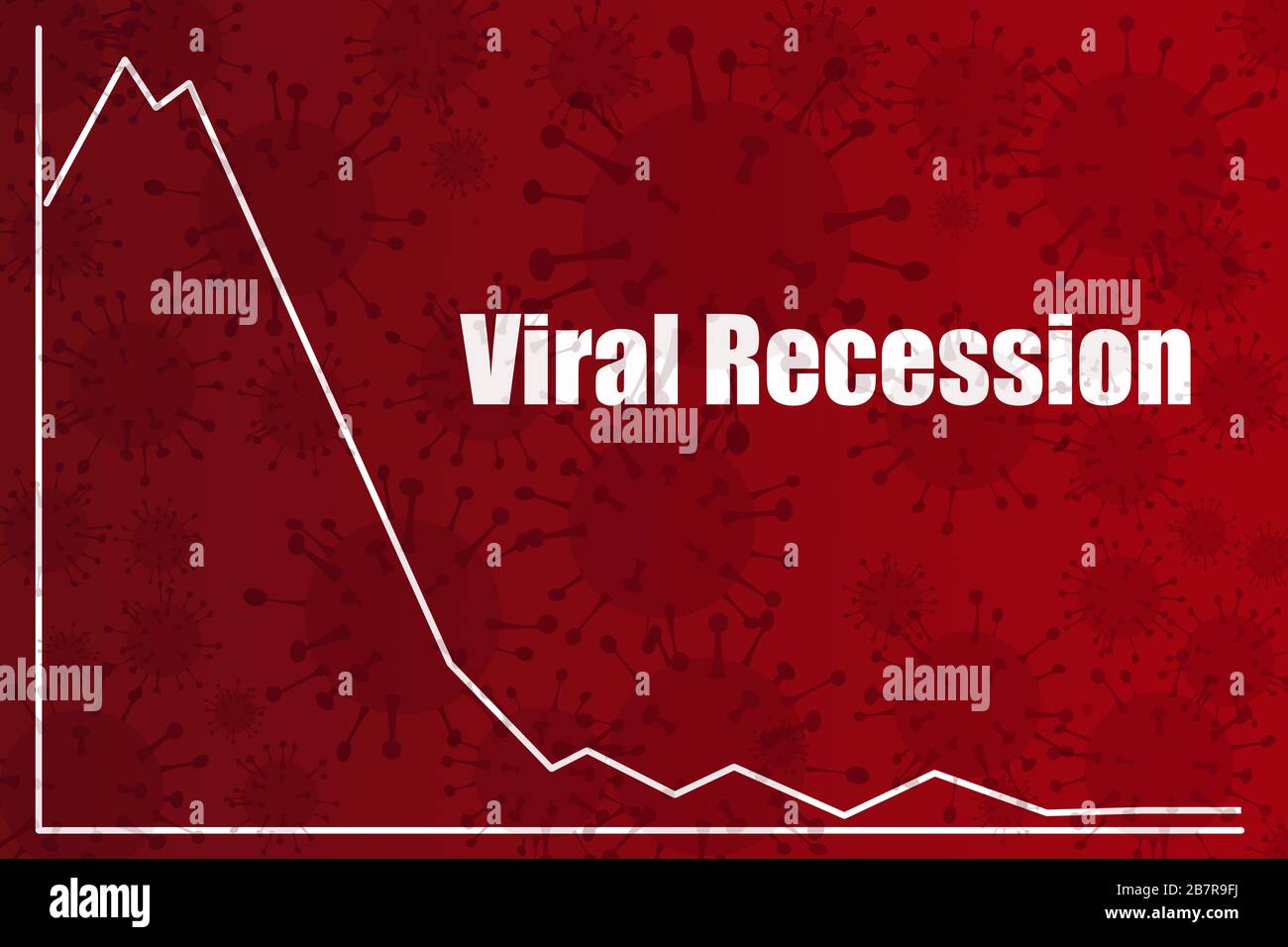 Text zur Virusrezessionsphase mit einem Diagramm des Abwärtsgewinns auf dem Hintergrund des roten Virus, wirtschaftliche Rezession durch Coronavirus kovid19 globale Pandemie Stockfoto