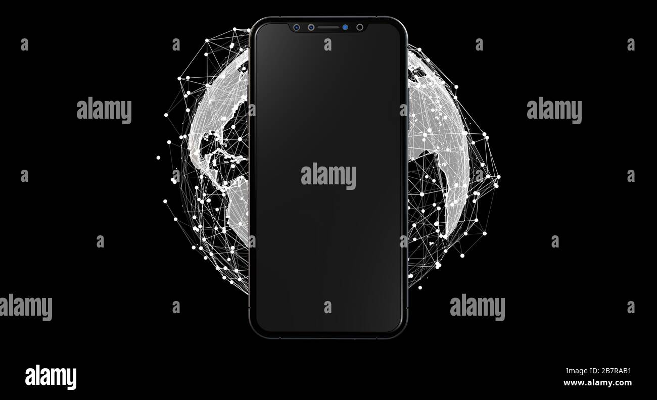 Virtuelle Projektion eines schwarzen Smartphones und des globalen Netzwerks Auf schwarzem Hintergrund Stockfoto