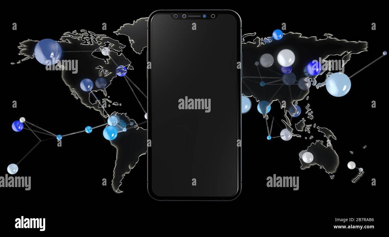 Virtuelle Projektion eines schwarzen Smartphones und eines globalen Netzwerks auf Schwarzer Hintergrund Stockfoto