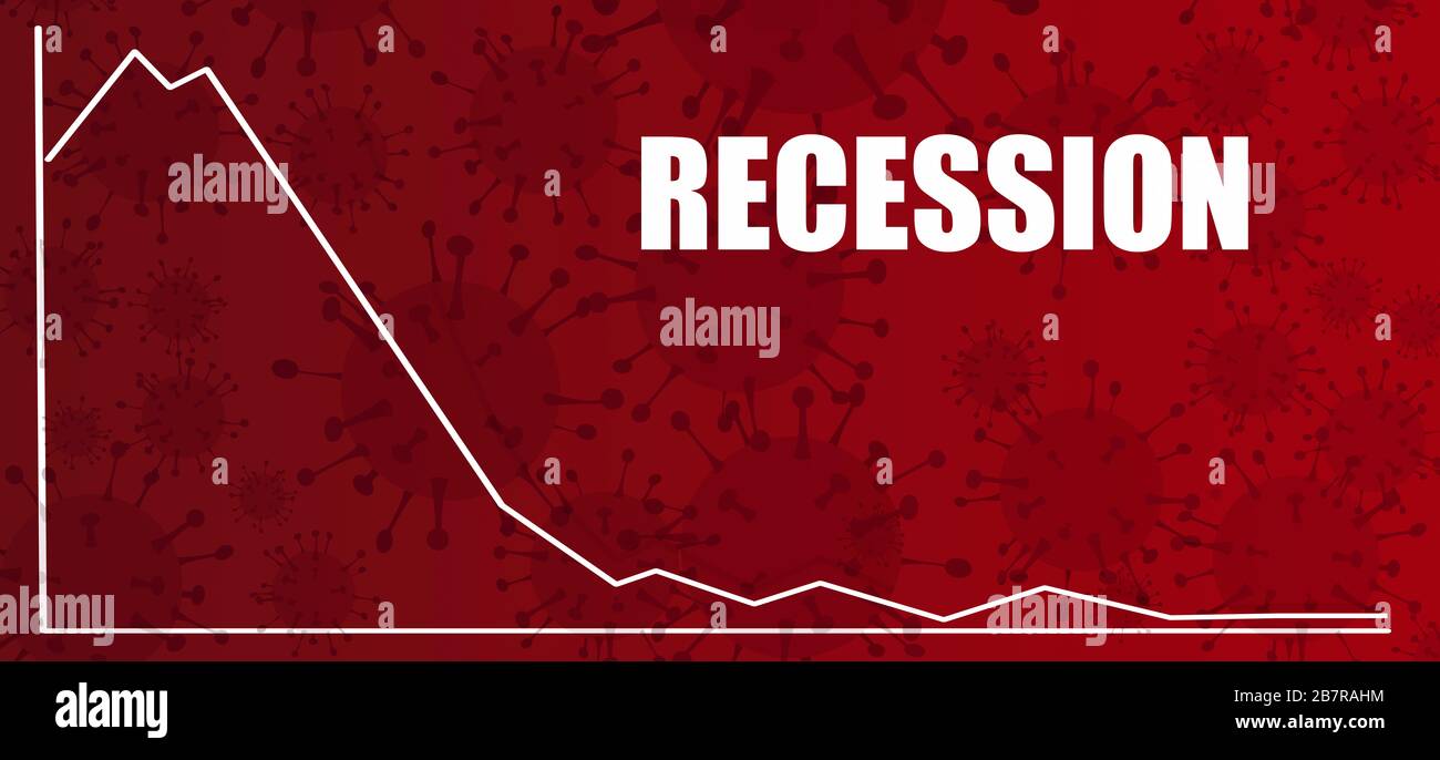 Rezessionstext mit abwärtsgerichteter Gewinnkurve auf dem Hintergrund des roten Virus, wirtschaftliche Rezession durch Coronavirus kovid19 globale Pandemie Stockfoto