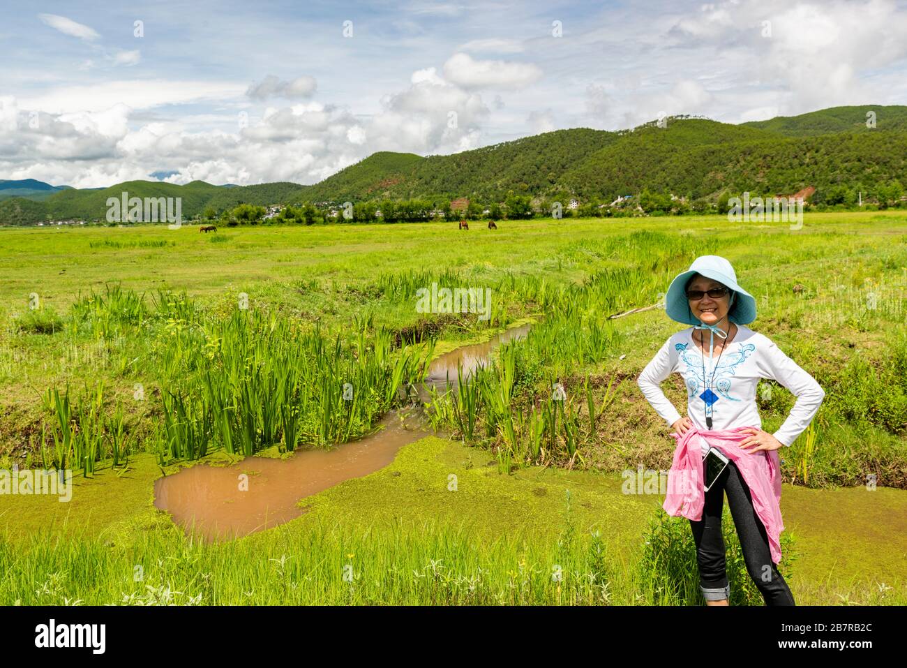 Der Lashi-See, Teil des Naturschutzgebietes Lijiang-Lashihai Plateau Wetland, ist ein Paradies für Wandervögel und der Ursprung der alten Tea Horse Road. Stockfoto