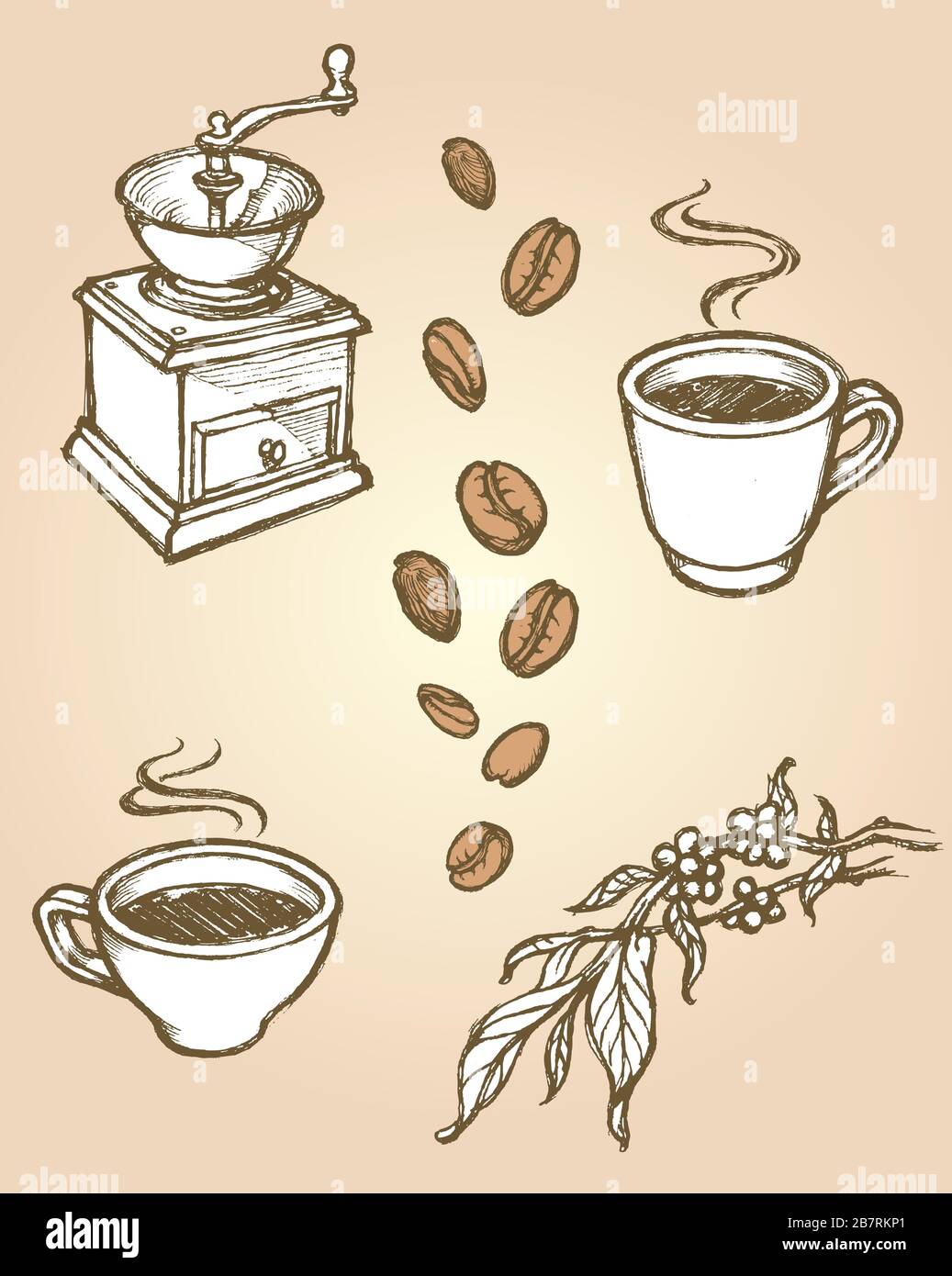 Coffee Sketch Set – handgezeichnete Designelemente im Kaffeethema Stock Vektor