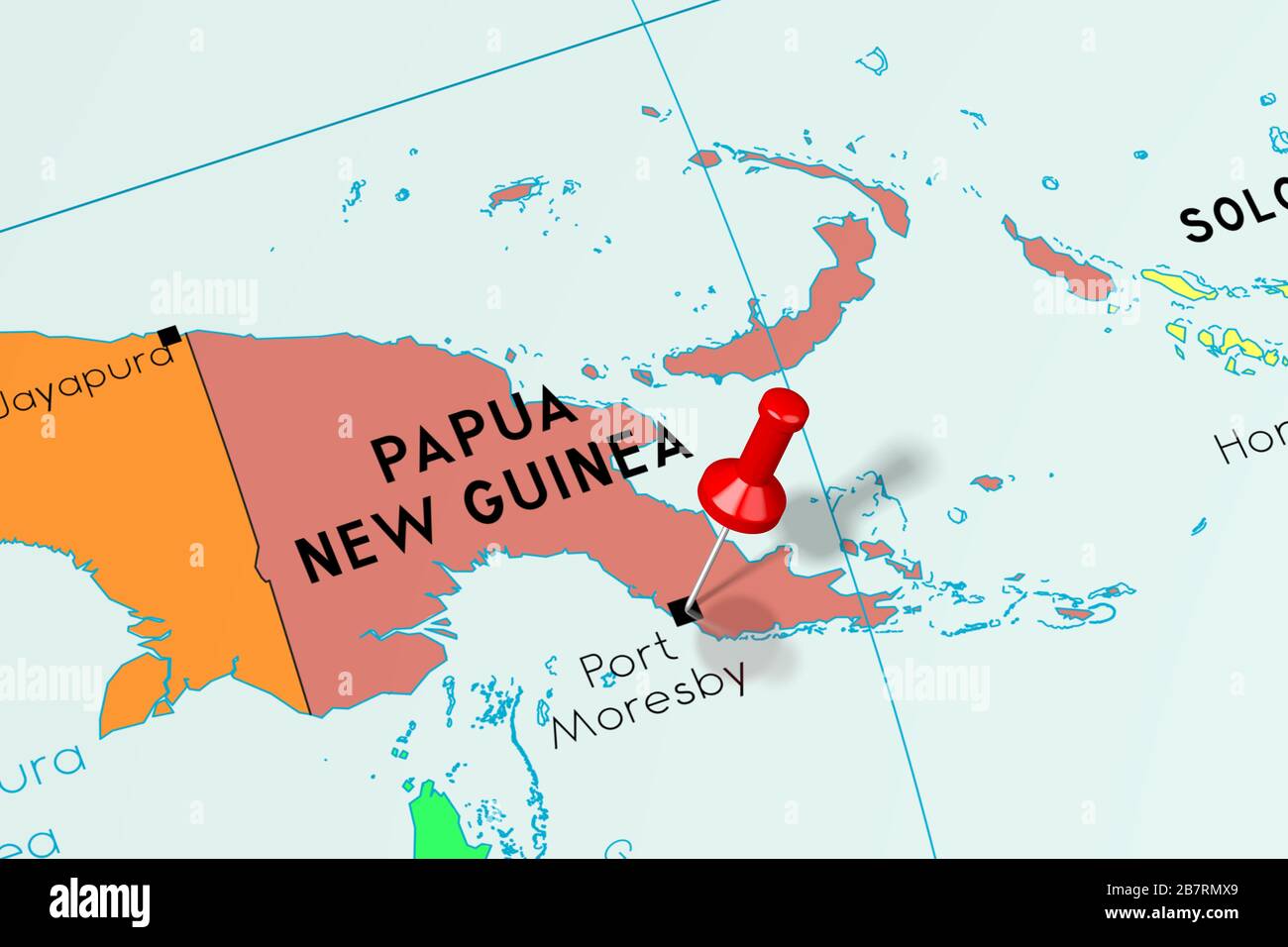 Papua-Neuguinea, Port Moresby - Hauptstadt, auf politischer Landkarte festgesteckt Stockfoto