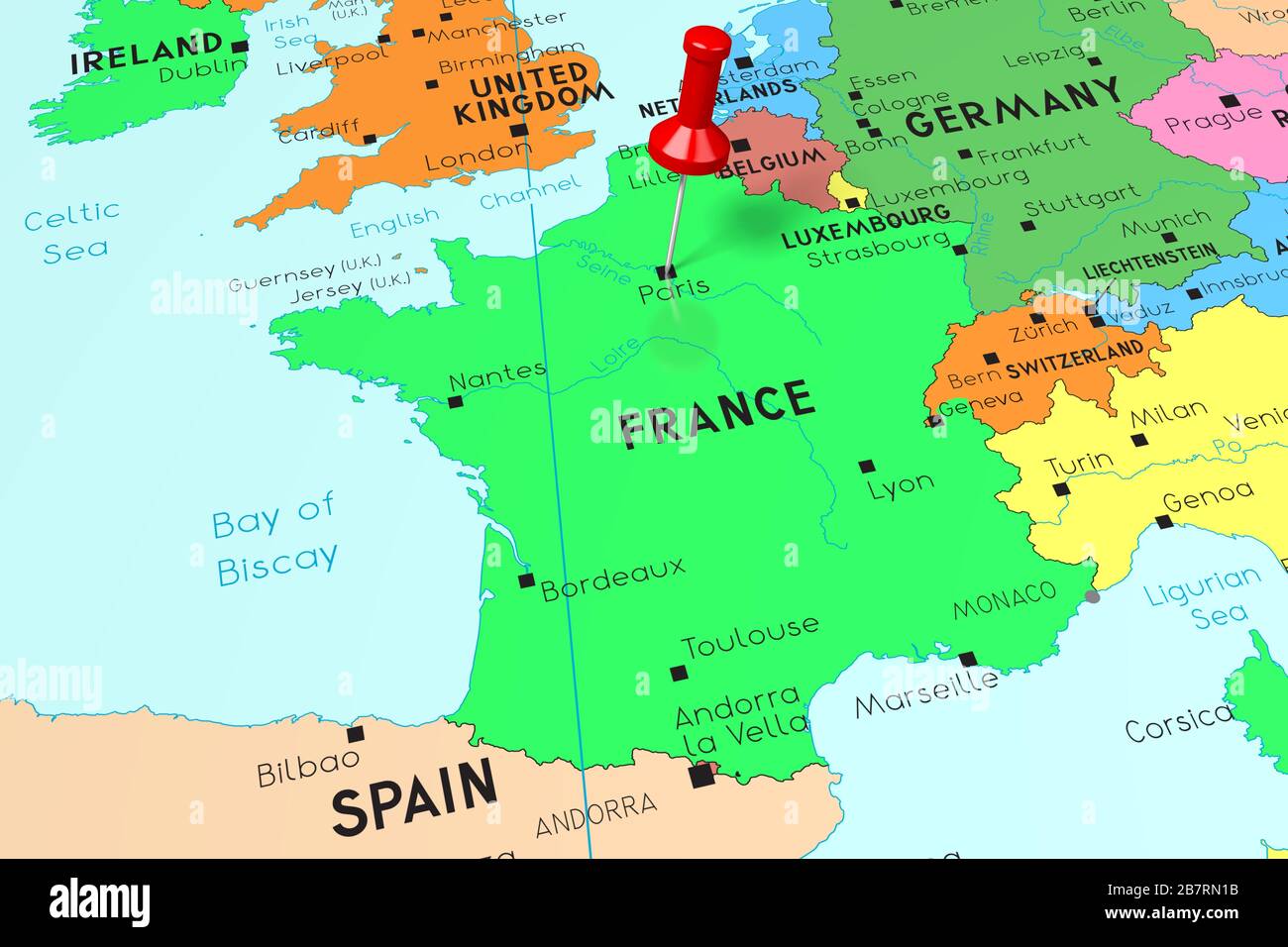 Frankreich, Paris - Hauptstadt, auf politischer Karte festgesteckt Stockfoto