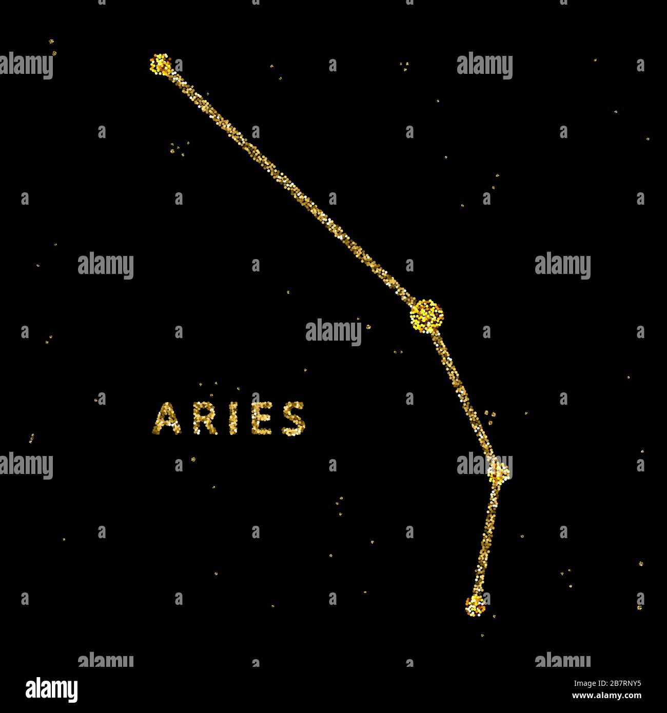 Widder-Tierkreis-Horoskop-Zeichen, die Astrologie simbol in goldenem glänzendem glitzerndem Stil auf schwarzem Himmelshintergrund. Stock Vektor