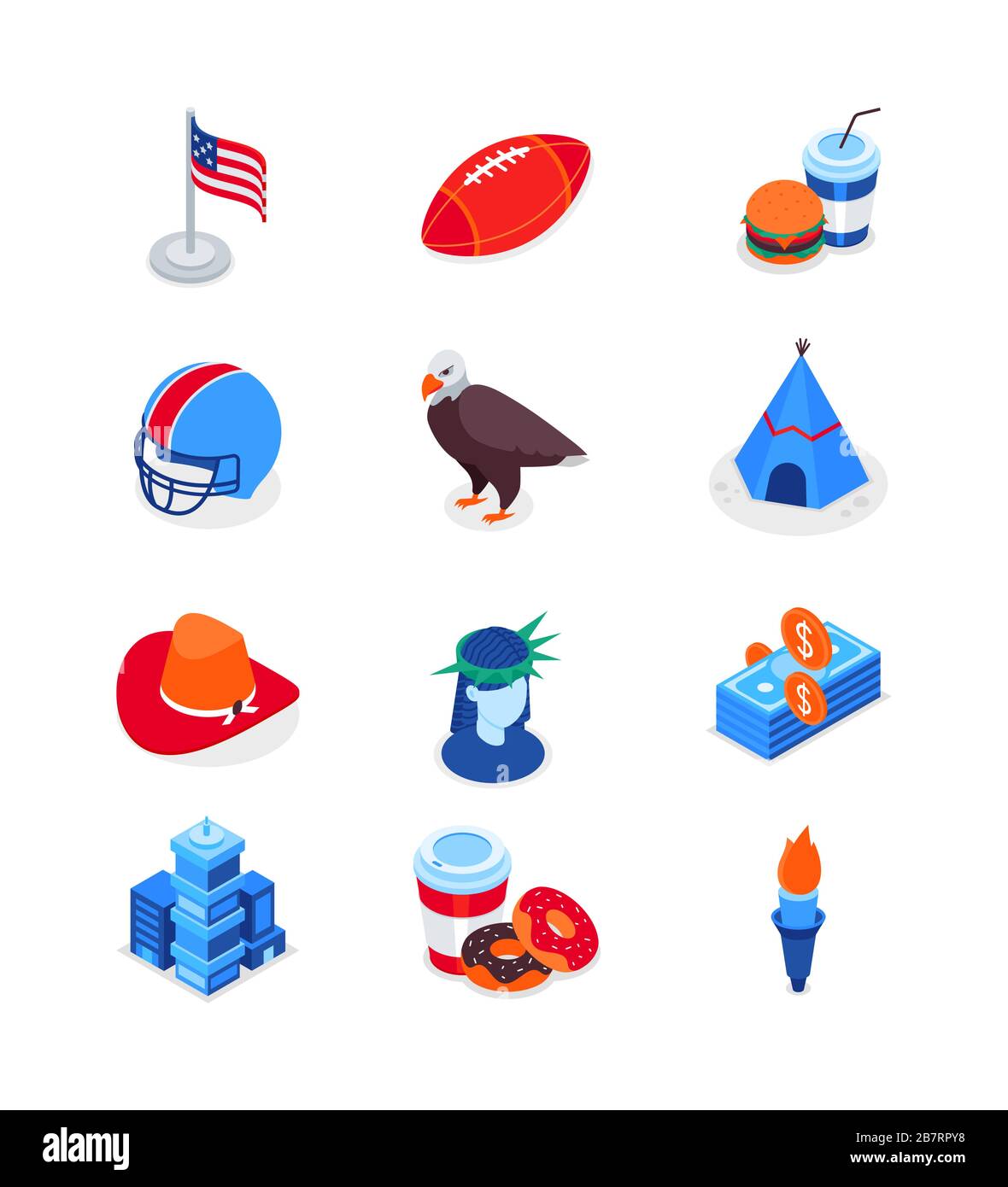 Besuchen Sie die USA - moderne, farbenfrohe isometrische Symbole Stock Vektor