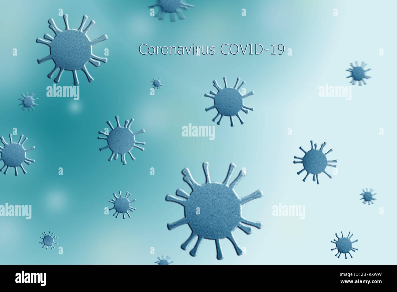 Makro-Nahaufnahme von COVID-19 Cronavirus auf blauem Hintergrund. Stockfoto
