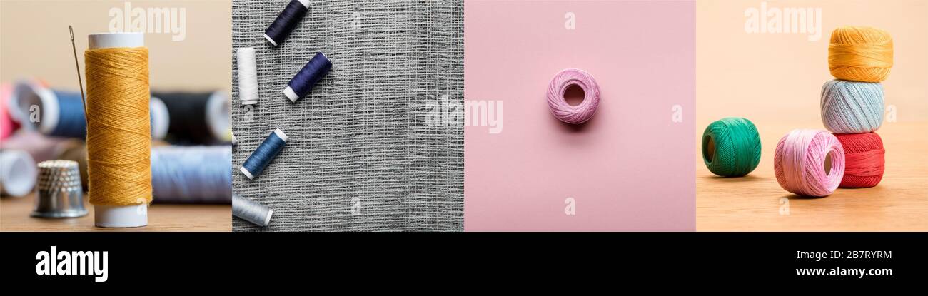 Collage aus bunten Baumwoll-Faden-Spulen und -Tuch, Nähkonzept Stockfoto