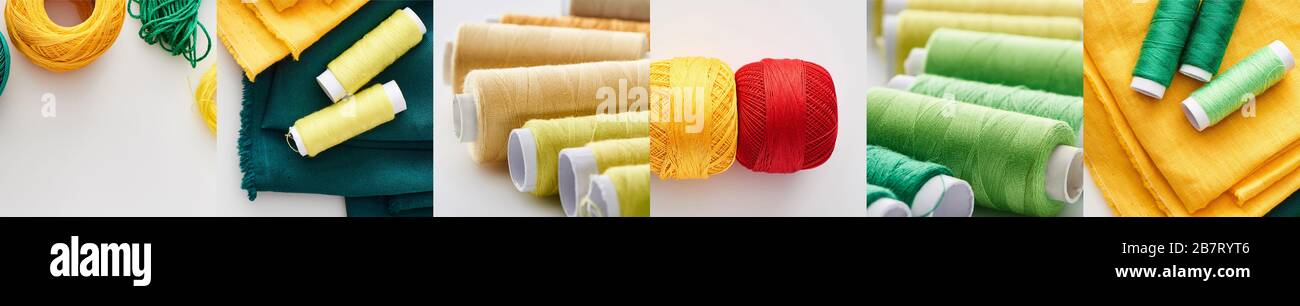 Collage aus bunten Baumwoll-Faden-Spulen und -Tuch, Nähkonzept Stockfoto