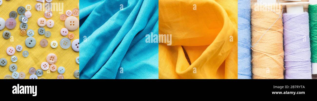 Collage aus bunten Baumwoll-Faden-Spulen und -Tuch, Nähkonzept Stockfoto