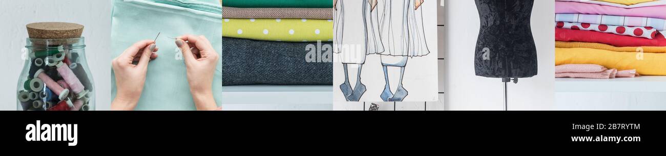 Collage aus Abwasserkanal, Modeskizze, Baumwoll-Fadenschieber und Textil, Nähkonzept Stockfoto