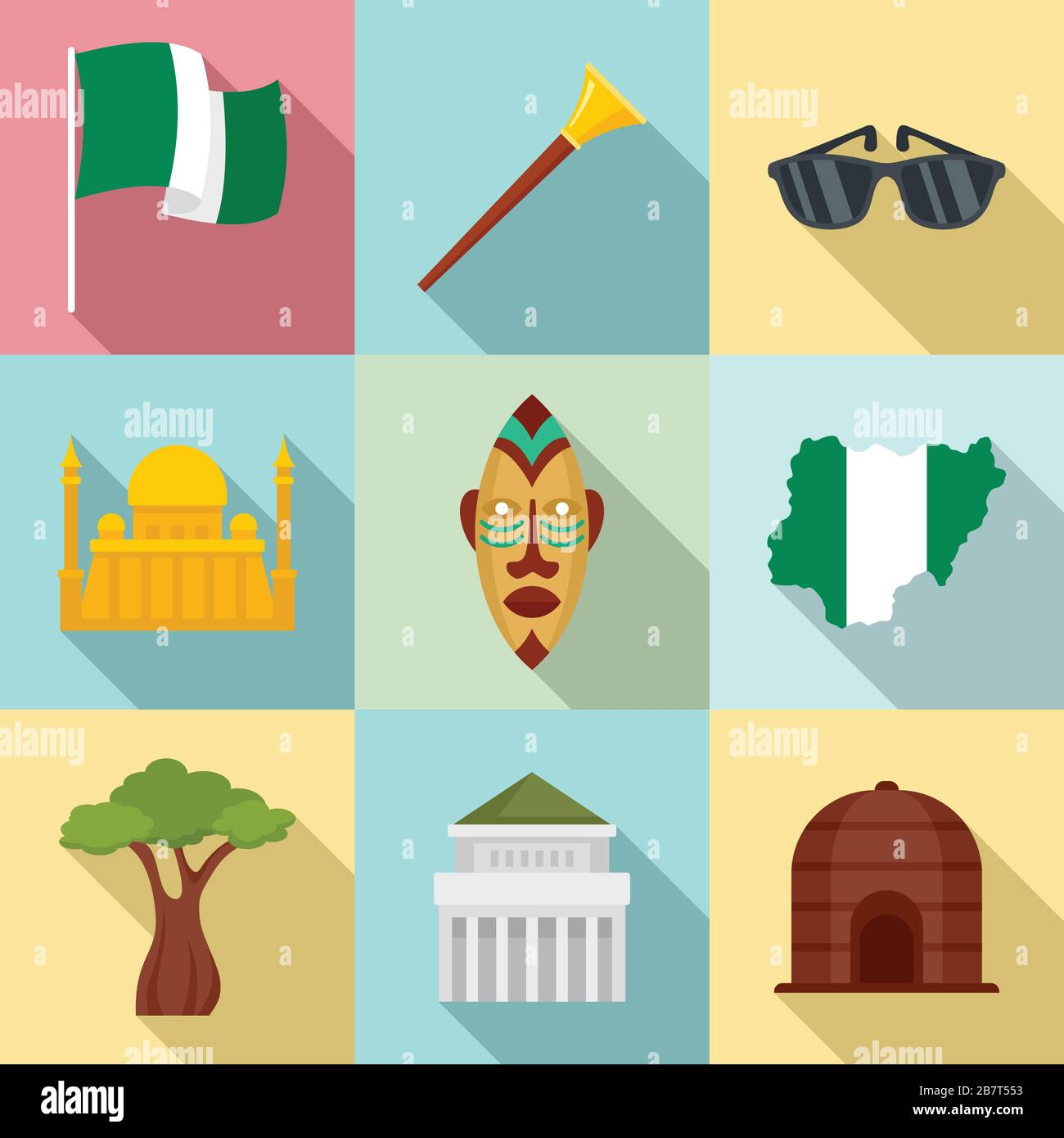 Nigeria-Symbole festgelegt. Flache Nigeria-Vektorsymbole für Webdesign Stock Vektor