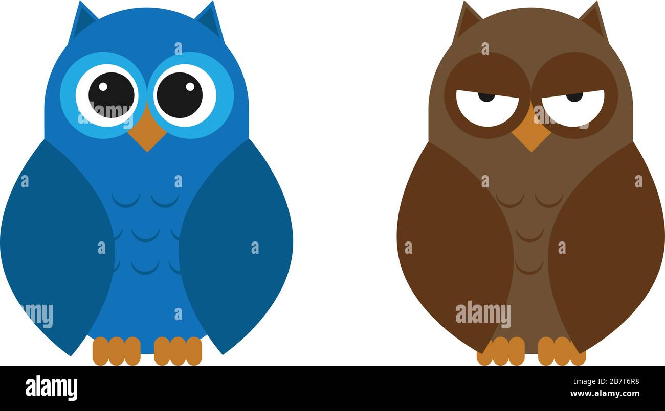Niedliche Eulen mit sehr geometrischer und abgerundeter Form für Kinder. Einer ist blau und breit wach, der andere ist braun und schläfrig. Stock Vektor