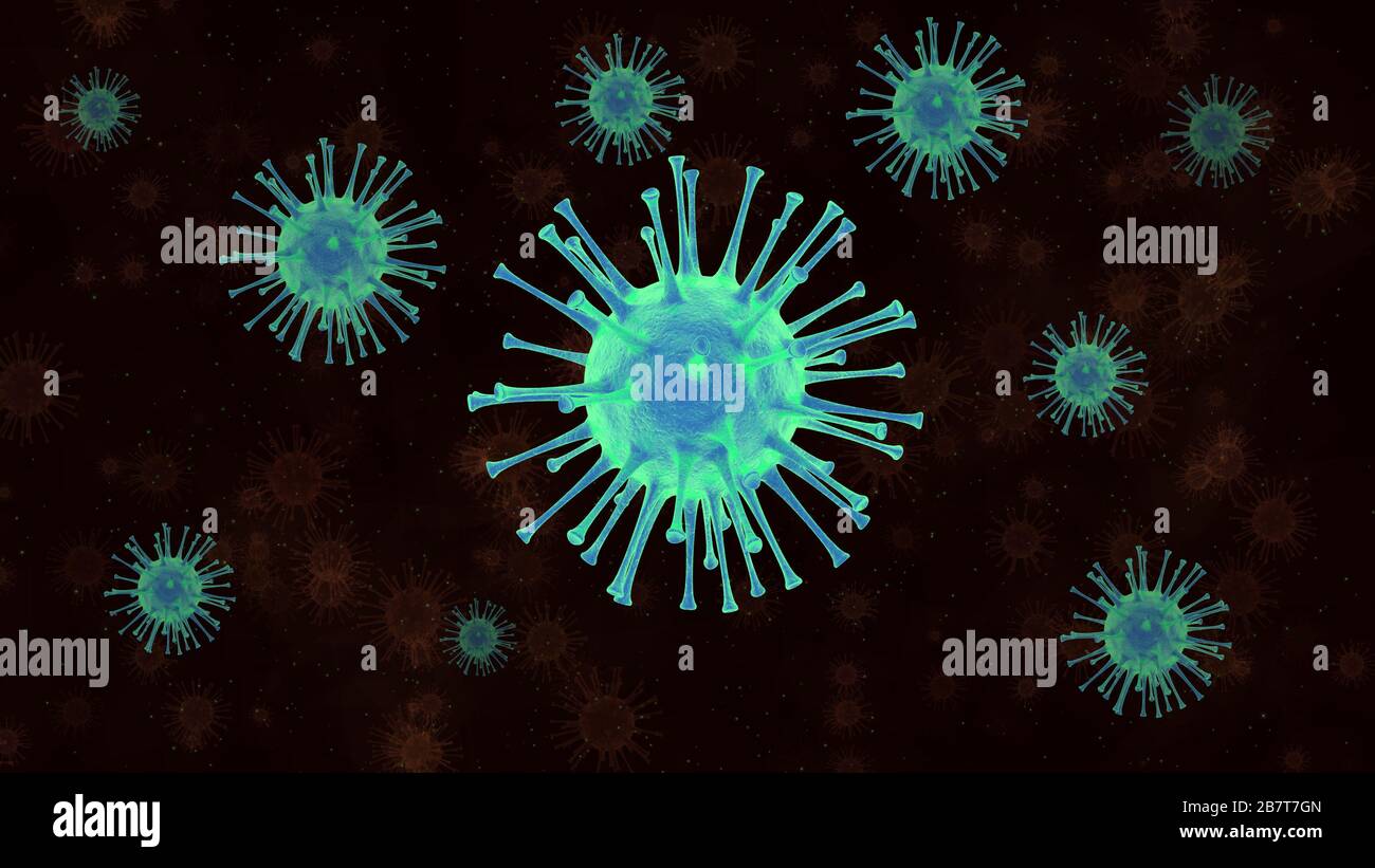 3D-strahlende Coronaviren, die im menschlichen Körper über einen dunklen Hintergrund schweben Stockfoto