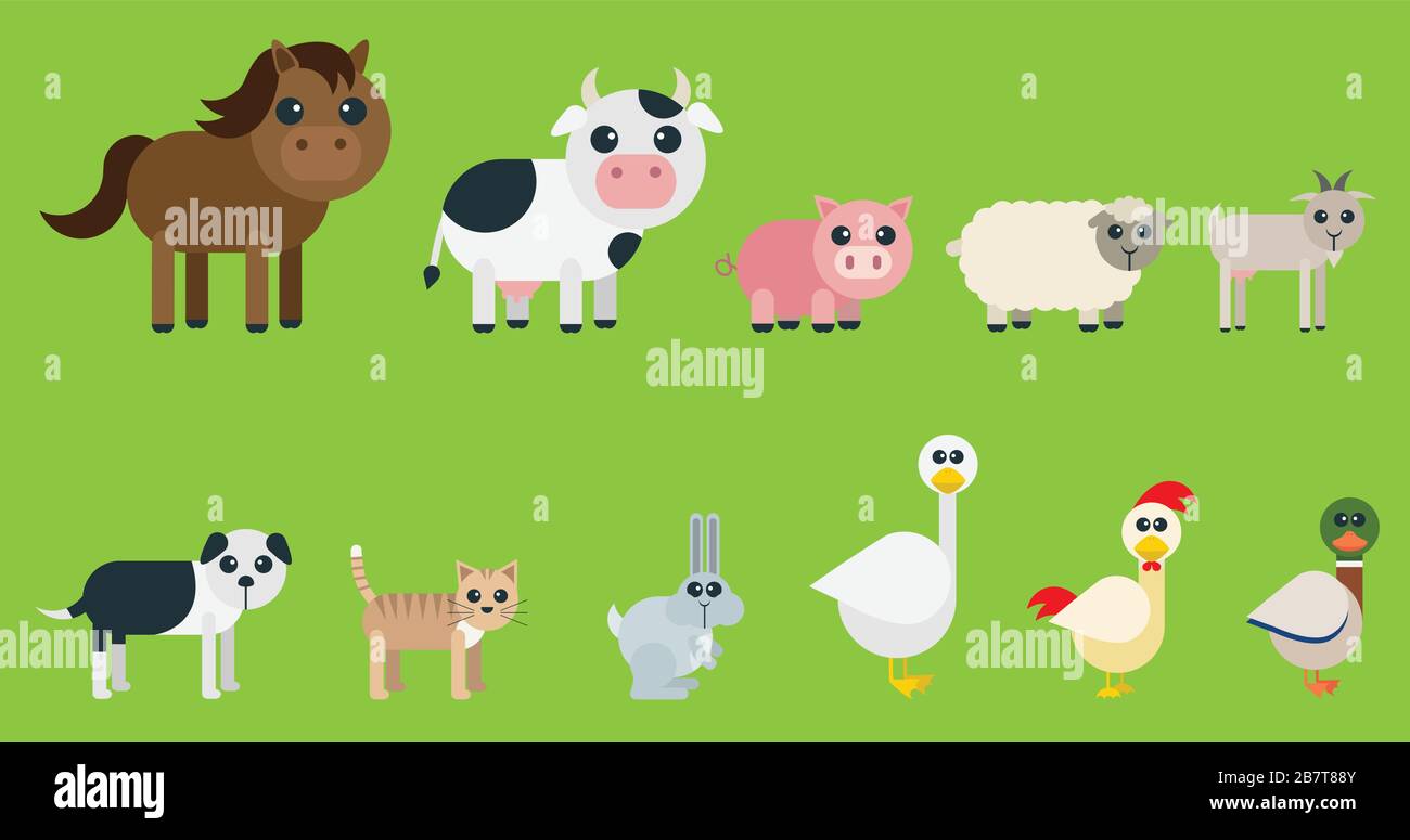 Satz süßer Bauernhöfe mit sehr geometrischer und abgerundeter Form für Kinder. Tiere waren u. a.: Pferd, Kuh, Schwein, Schaf, Ziege, Hund, Katze, Kaninchen, Gans, r. Stock Vektor