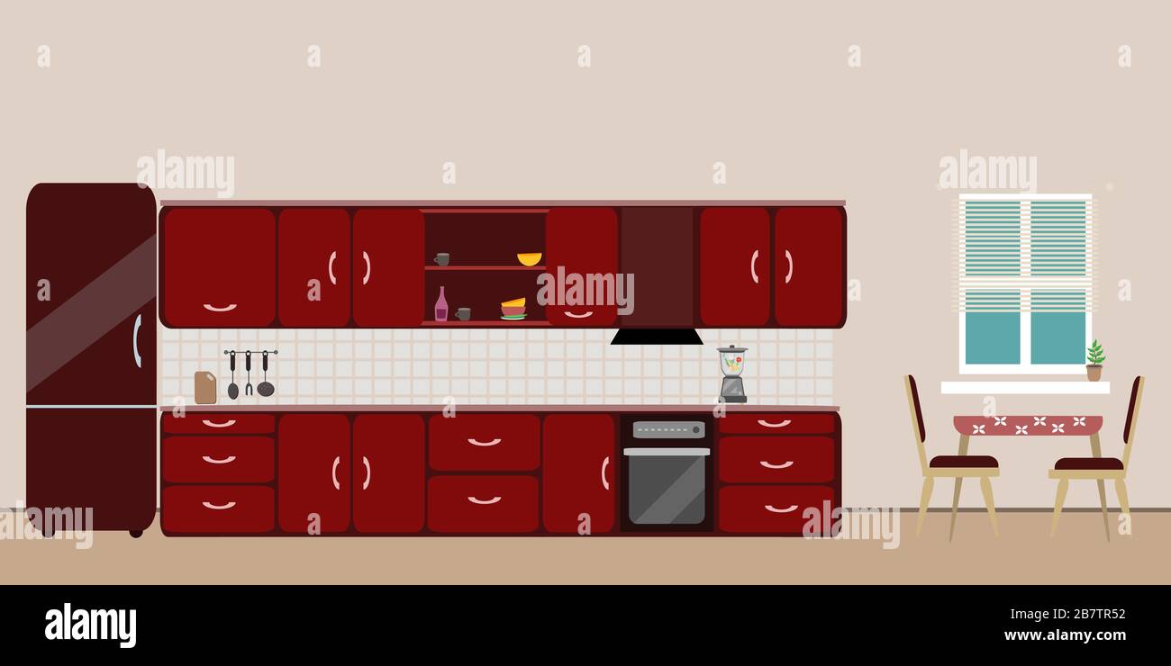 Küche rot innen Esszimmer Flachbild mit Mixofen Kühlschrank Tisch mit Holztisch und Stuhl und Fenster und Geschirr auf pinkfarbenem Hintergrund Stock Vektor