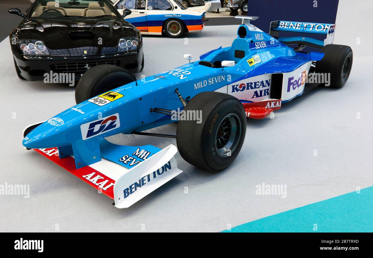 Vorderansicht von 1998, Benetton B198 Formel-1-Auto, (Ex Giancarlo Fisichella, auf der London Classic Car Show 2020 Stockfoto