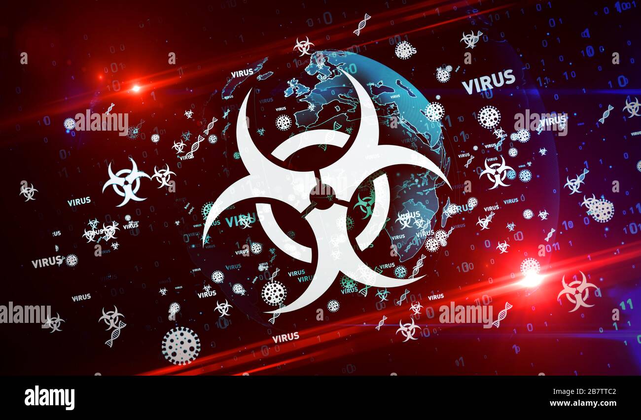 Virus, Coronavirus, Pandemie, Virusepidemie, Infektion, Wissenschaft, Gesundheit, Kovid-19 und globale Warnung fliegende Symbole 3D-Abbildung. Abstraktes Konzept Stockfoto