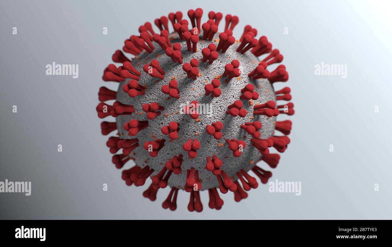 Coronavirus, Covid-19, SARS-COV-2 3D medizinische Darstellung auf hellem Hintergrund, Weitschuss, Coronavirus Pandemie Stockfoto
