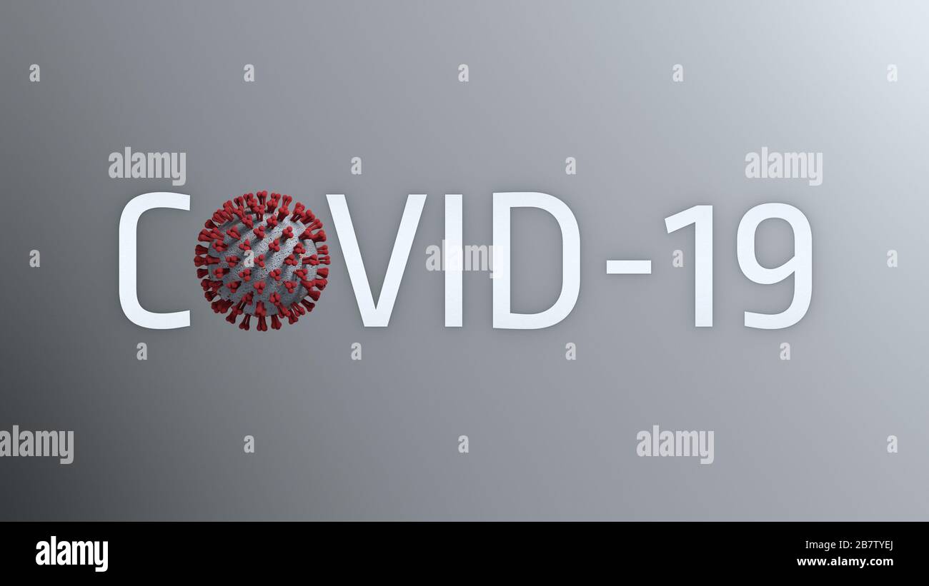 Covid-19 medizinische 3D-Illustration und Textgrafik, weißer Text auf grauem Hintergrund, Coronavirus, SARS-COV-2 Stockfoto