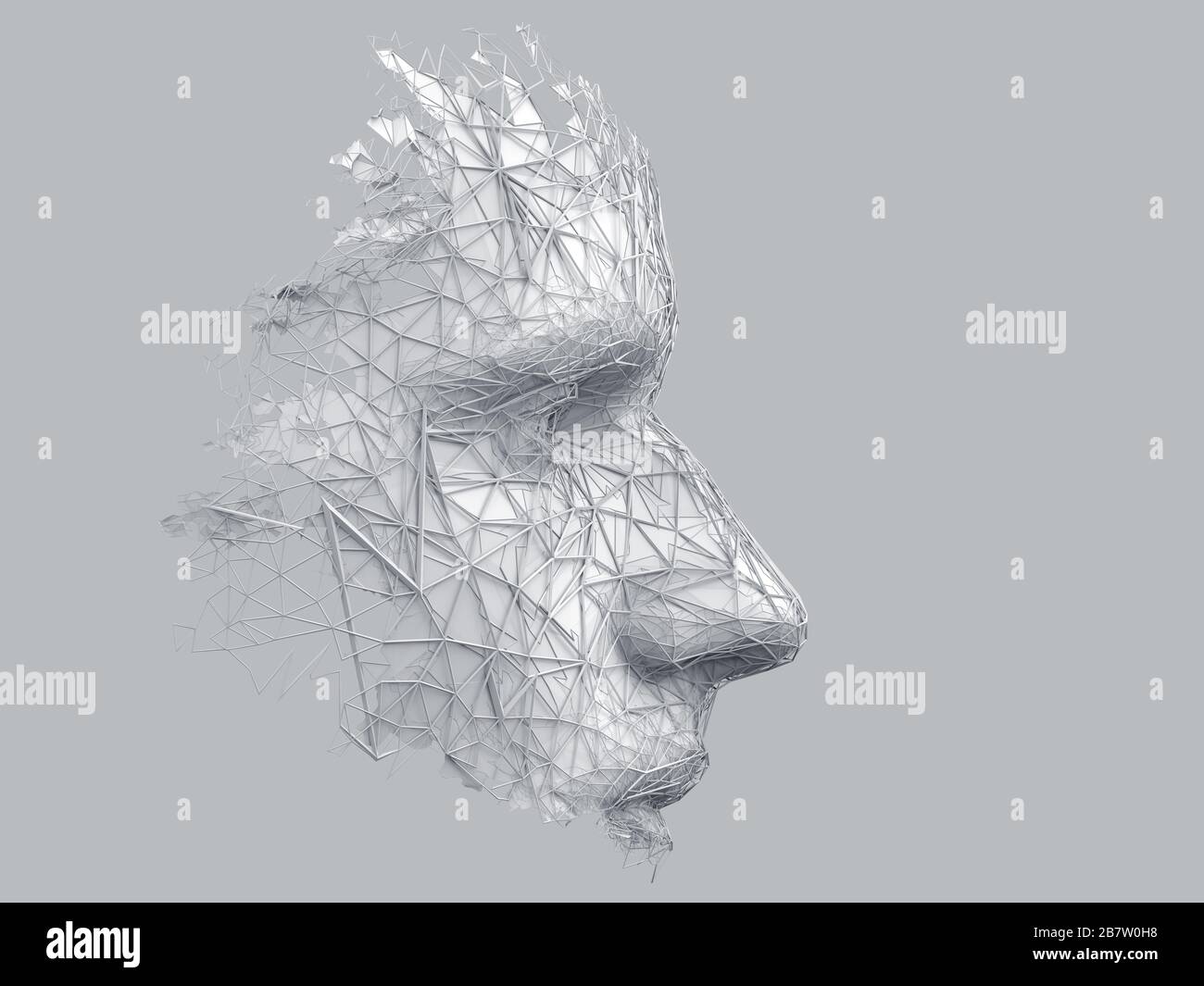 Abstraktes polygonales menschliches Gesicht, 3D-Darstellung einer Cyborg-Kopfkonstruktion, künstliches Intelligenzkonzept Stockfoto