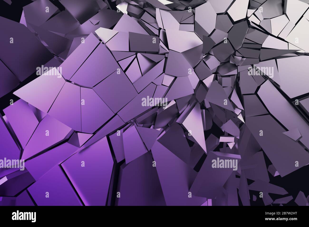 Abstraktes 3D-Rendering von gerissenen Oberflächen. Hintergrund mit gebrochener Form. Zerstörung der Mauer. Platzen mit Schmutz. Moderne CGI-Illustration. Stockfoto
