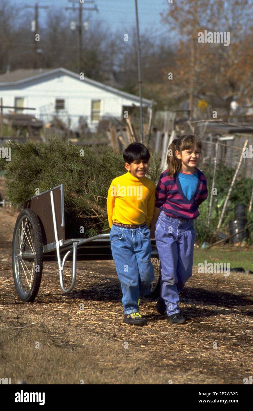 Austin Texas USA, 1991: Sechsjähriger Junge und Mädchen arbeiten zusammen, um den Wagen im Gemeinschaftsgarten zu ziehen. HERR EV-036-037. ©Bob Daemmrich Stockfoto