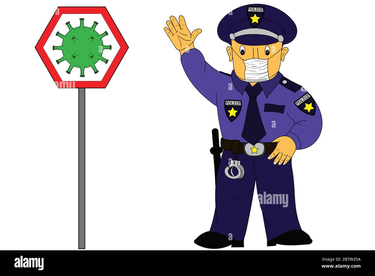 Ein Polizist, der neben dem Schild mit dem Corona-Virus steht, betreut Bürger mit einer Maske über dem Gesicht zum Schutz vor Viren Stockfoto