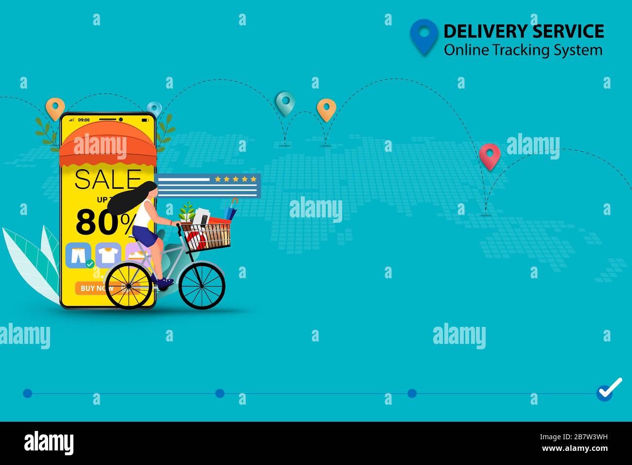 Konzept des Lieferservice mit Online-Tracking-System fährt Frau mit dem Fahrrad mit den Waren vor dem Smartphone, die auf dem Display einen Rabattsatz enthalten Stock Vektor
